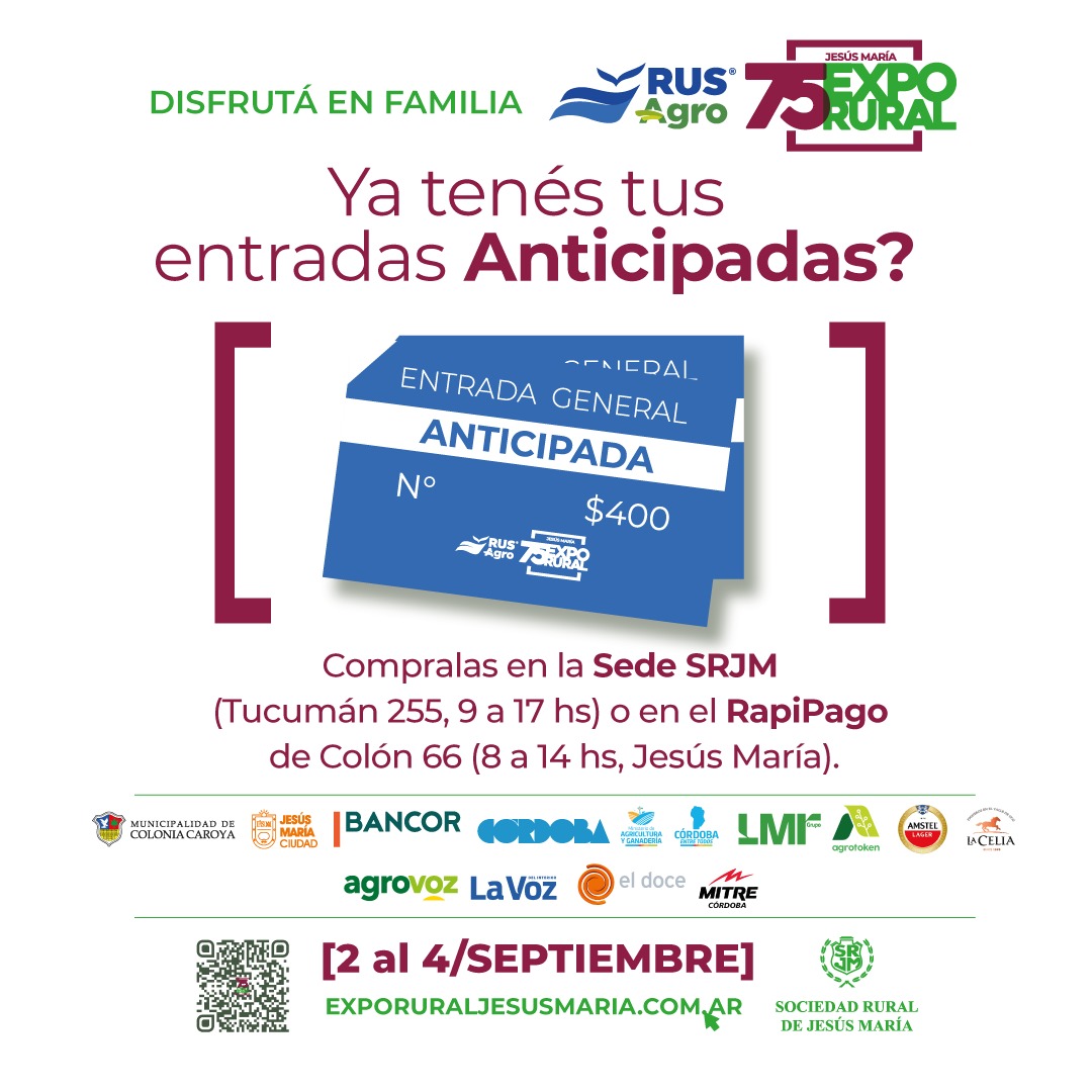 srjmcba's tweet photo. DEL 2 AL 4/9, VIVÍ LA FIESTA DEL CAMPO EN EL CORAZÓN DE LA ARGENTINA❤️
👉Las Anticipadas p/nuestra #75ExpoSRJM ya pueden adquirirse!
👉Menores de 12 años, estudiantes, jubilados y discapacitados NO abonan entrada.
👉Puntos de Venta: Sede de la #SRJM y #RapiPago de la calle Colón. https://t.co/sKE1iaQ8cM