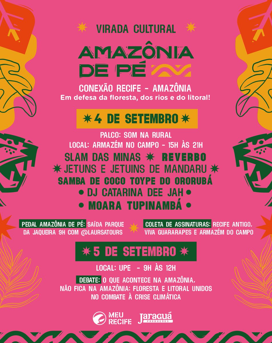 RedeMeuRecife's tweet photo. Estão preparades?  Tá no ar a programação completa da VIRADA CULTURAL #AmazoniadePé. Vai rolar Palco do Som da Rural, mesa de debate e a pedalada com @lauraursatours. TUDO DE GRAÇA!

🌳 Virada Cultural - Amazônia de Pé
🗓️ 4 e 5 de setembro de 2021

#amazôniadepé #paisrecife https://t.co/GzfETPBgR8