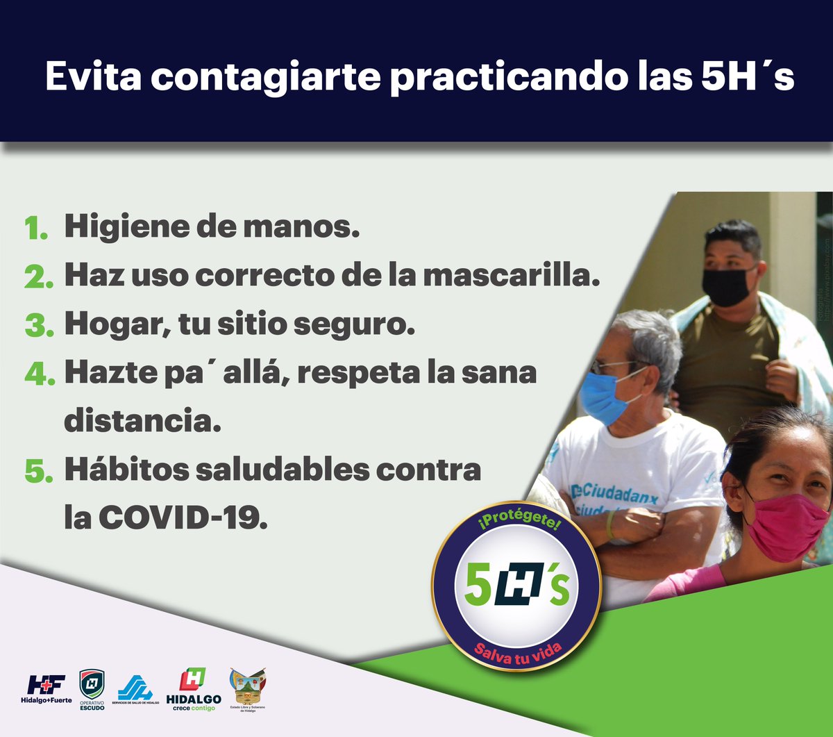 Salud_Hidalgo's tweet photo. Que sea un #FelizMiércoles para todos.
La pandemia por #Covid-19 continúa por lo que te pedimos que no bajes la guardia.
Sigue con las medidas de bioseguridad y #Protégete con las #5Hs https://t.co/8DNE4ZXfma