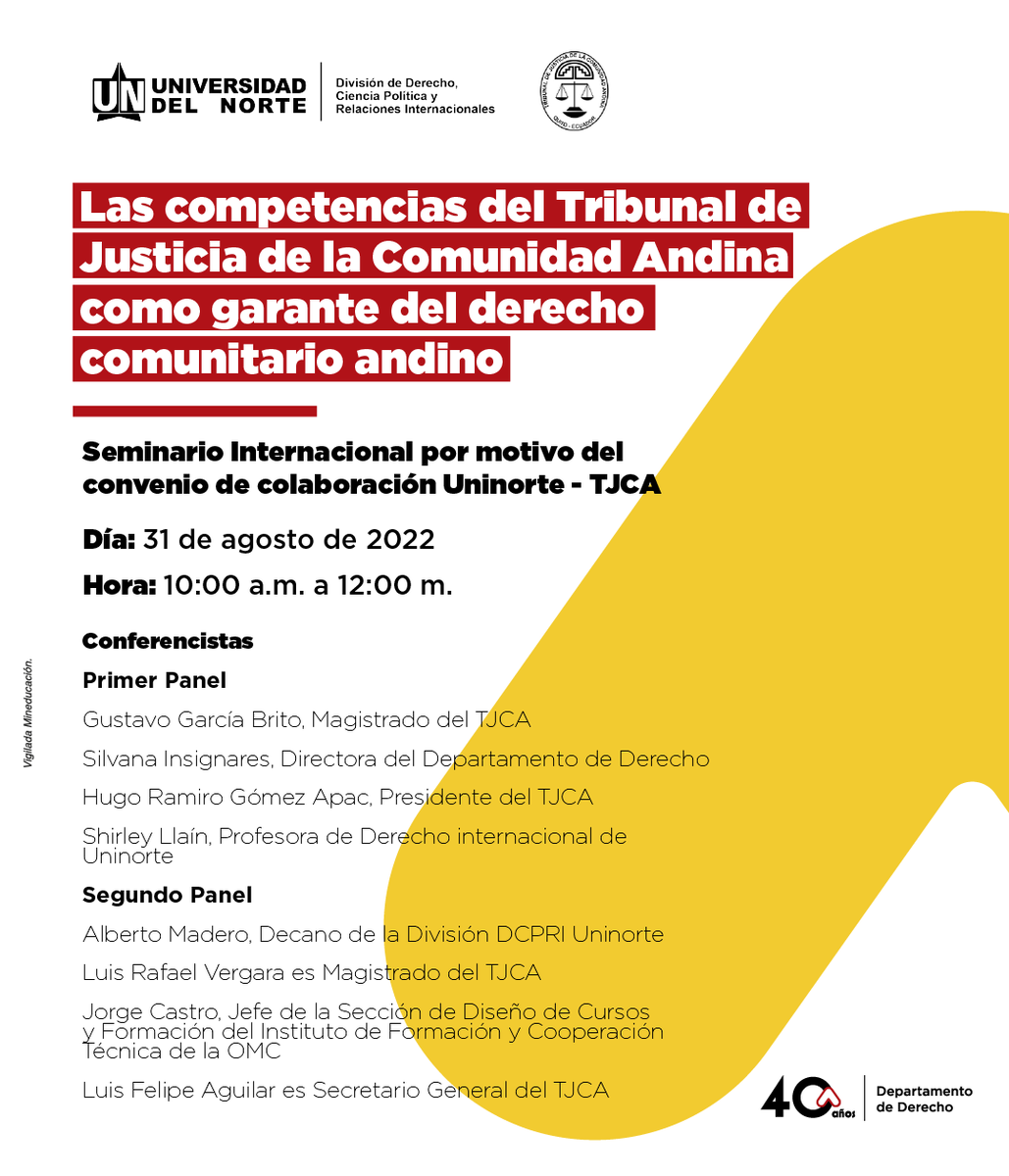 Invitamos a la ciudadanía andina a participar en el seminario internacional organizado por el Tribunal de Justicia de la Comunidad Andina y la Universidad del Norte - Uninorte.

El evento podrá ser observado a través del siguiente enlace:
youtube.com/watch?v=dPfeJX…