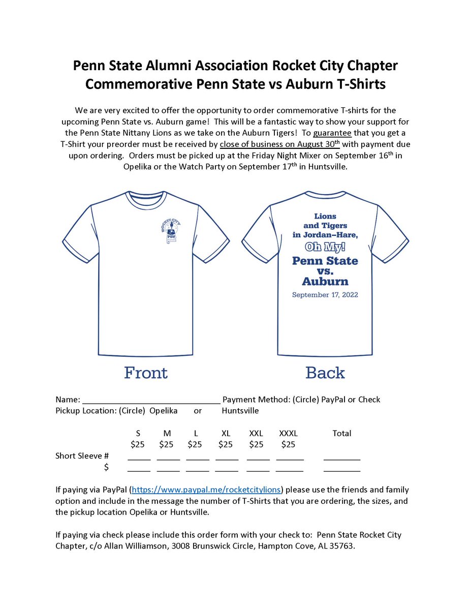 psurocketcity's tweet photo. Tomorrow (8/30/2022) is the deadline to order commemorative T-shirts for the upcoming Penn State vs. Auburn game! Please use the attached order form to order your T-shirts today! Orders must be received by close of business on August 30th with payment due upon ordering. https://t.co/dXlO7lg0tQ