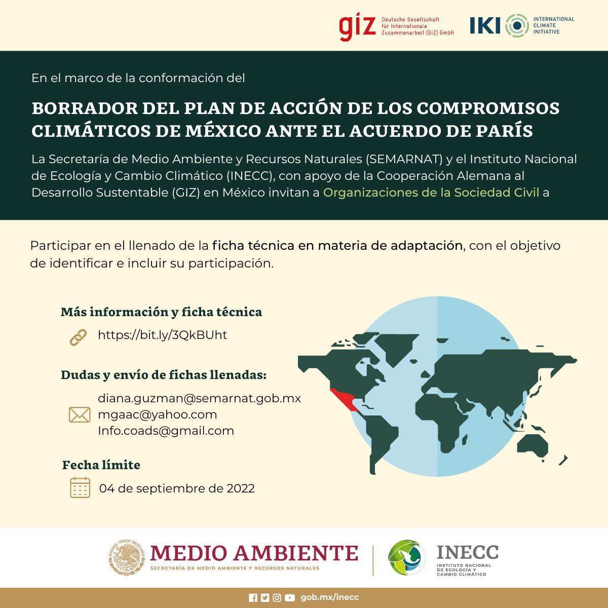 En el marco de la conformación del Borrador del Plan de Acción de los Compromisos Climáticos de México ante el Acuerdo de París, la #Semarnat, <a href="/inecc_gob_mx/">INECC</a> y la @GIZMexico, te invitamos a participar en el llenado de la ficha técnica en materia de adaptación. 🌎🍃👇🏽