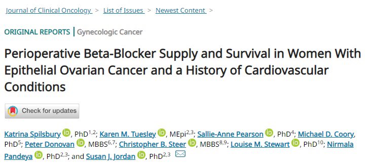 Susan Jordan (@susanjanejordan) on Twitter photo Our new paper in <a href="/JCO_ASCO/">Journal of Clinical Oncology</a> shows non-selective beta-blockers used around time of surgery for ovarian cancer may improve survival. Check it out here 👇
10.1200/JCO.22.00097
<a href="/TuesleyK/">Karen Tuesley</a> <a href="/UQMedicine/">UQ Medicine</a> Our new paper in <a href="/JCO_ASCO/">Journal of Clinical Oncology</a> shows non-selective beta-blockers used around time of surgery for ovarian cancer may improve survival. Check it out here 👇
10.1200/JCO.22.00097
<a href="/TuesleyK/">Karen Tuesley</a> <a href="/UQMedicine/">UQ Medicine</a>