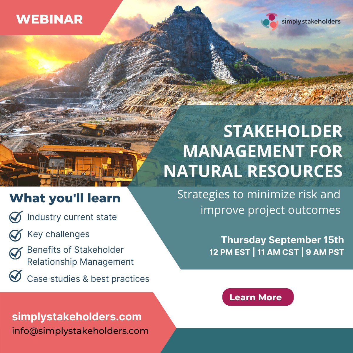 Our webinar on Stakeholder Relationship Management for the Natural Resources industry begins in just a few weeks and we’re sure you and your colleagues won’t want to miss it. 

Learn more here👉bit.ly/3AOCizp

#stakeholdermanagement #mining #freewebinar