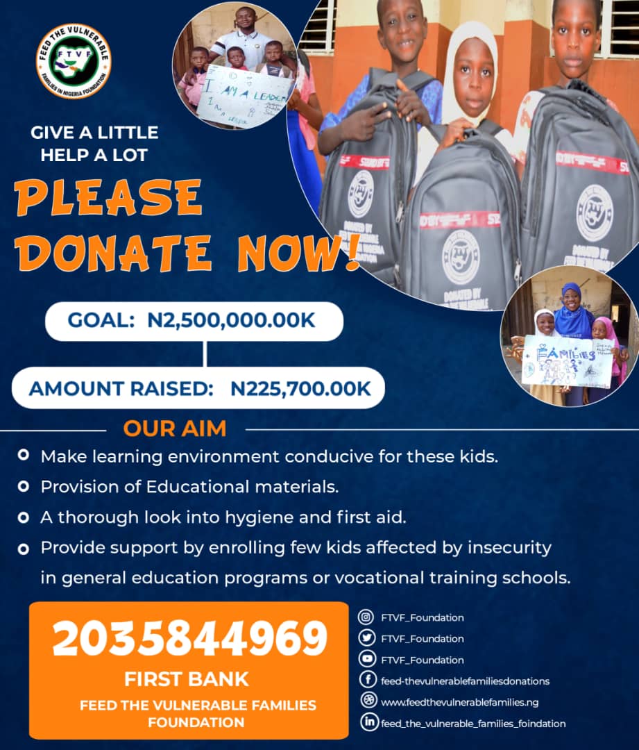 ftvf_foundation's tweet photo. 🚨 We honestly need your support 🚨

Your impact here is bigger than you think it is. Your ₦200, ₦500, ₦1000 will give a child the possibility of a sound Education in a conducive environment

Kindly donate, share with friends, followers &amp; lets make these kid's dreams come true https://t.co/J0sxImTQnS