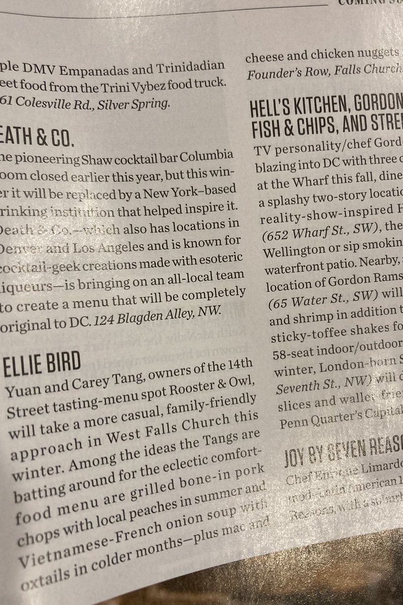 Duncan4FC's tweet photo. An “eclectic comfort food menu” served in a “casual, family friendly” environment is what’s coming this winter at Ellie Bird, in Founders Row. So says this month’s Washingtonian magazine, in a feature on restaurant “openings you need to know about.” https://t.co/rxygcmGNeA