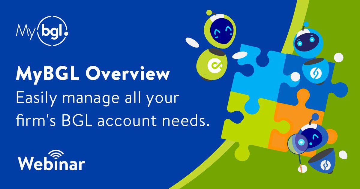 BGLcorp's tweet photo. Free #webinar to explore MyBGL this week! Join @DGunatillake for a #MyBGL overview and learn how to easily manage all your firm's BGL account needs.
Can't make it to the live webinar? Register anyway to receive the recording! ๐ ๐ https://t.co/NluErowUy6 https://t.co/whtDWFyLhD