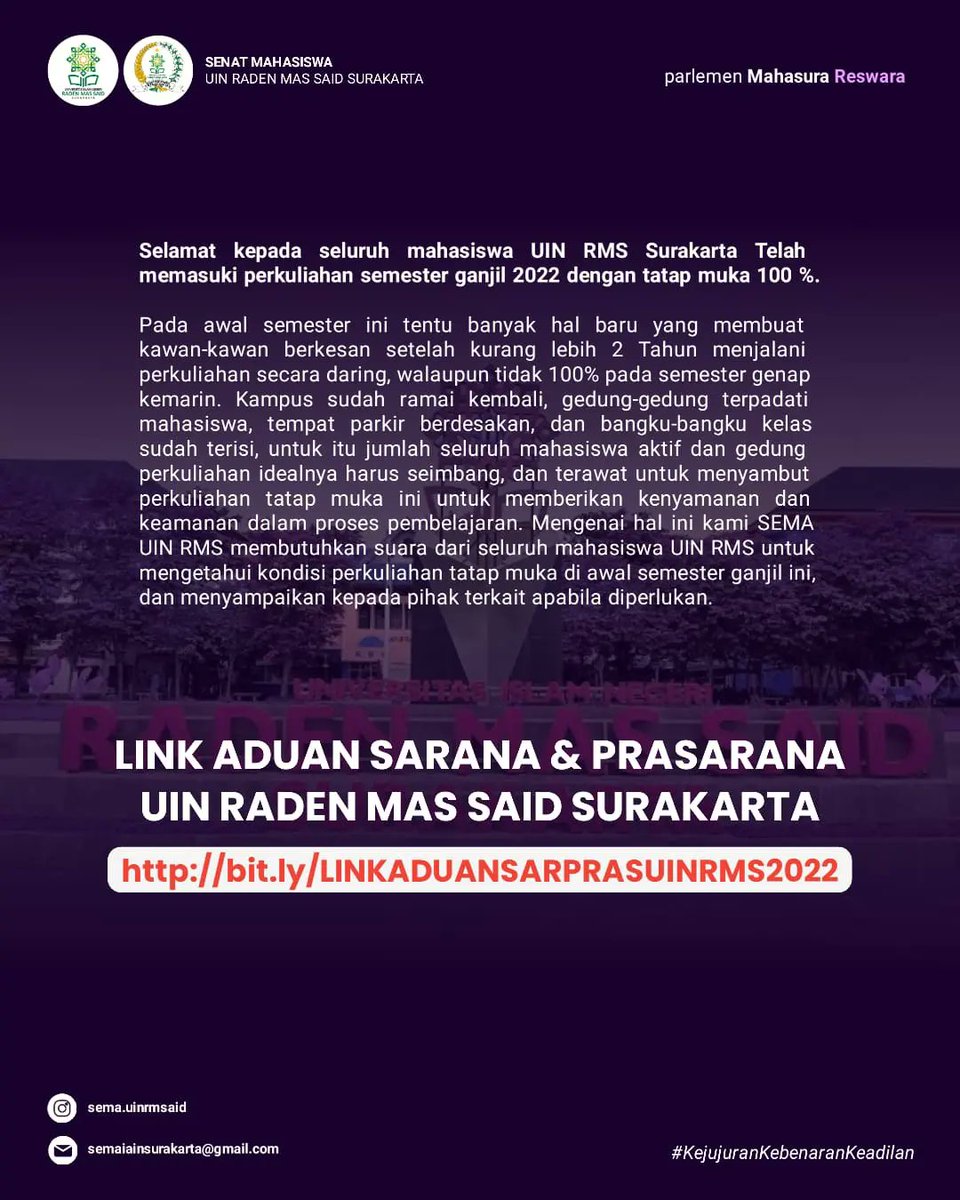 Kawan Sura!
Mengingat semester ini sudah memasuki perkuliahan tatap muka sehingga kawan-kawan mahasiswa merasakan fasilitas dari kampus, untuk itu kami ingin mendengar apabila ada yang menjadi keluhan bagi kawan-kawan semua.
bit.ly/LINKADUANSARPR…