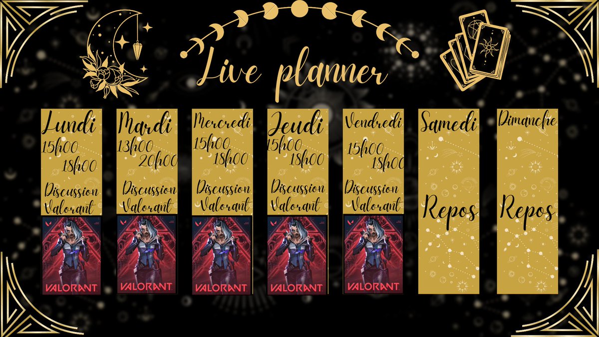 deesses_twitch's tweet photo. Planning dela semaine !
Venez nombreux !😁
#TwitchStreamers #stream #twitchstreamer #twitch #ttv #streamergirl @TwitchFR #planning #liveplanner @PlayVALORANTFRA
@CanvaFrance https://t.co/8MxN2xDZ4Y