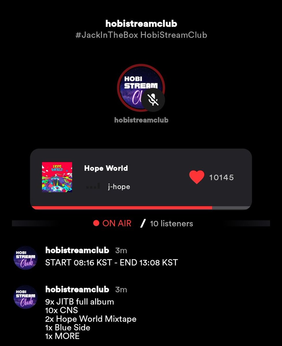 hobistreamclub's tweet photo. ON AIR for 1st session 🔥

@STATIONHEAD: https://t.co/42WQAz4nq5 

START 08:16 KST - END 13:08 KST

9x JITB full album
10x CNS
2x Hope World Mixtape
1x Blue Side 
1x MORE

#JackInTheBox #HSCStreamParty
#jhope #JackInTheBoxTo200M https://t.co/yjqF6By1yo
