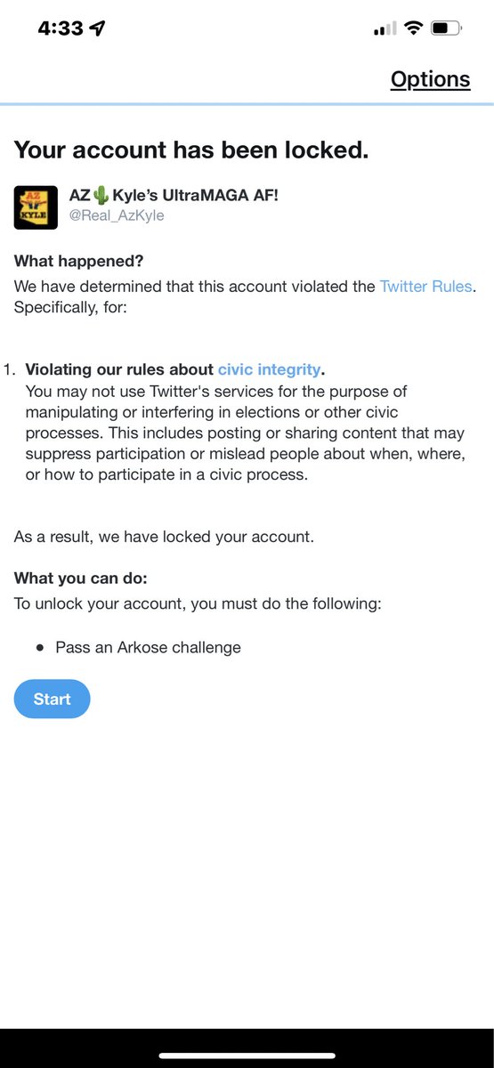AzKy1e's tweet photo. @AZRed65 @3peachesmama @noprezzie2012 @Real_AzKyle @kelliwardaz @DominofromAZ @jimmythemole001 @KariLake .
Careful friends. TWIT’R locked my primary account for “talking about voting/elections!”

The only social media I’ve done today is right here in this thread https://t.co/I8jqhtA1TA