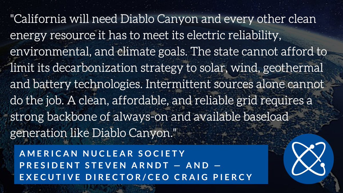 In a letter to #California state lawmakers, the American Nuclear Society urges quick passage of #SB846, as part of <a href="/GavinNewsom/">Gavin Newsom</a>'s climate action plan to keep California’s lights on by extending the operations of #DiabloCanyon #nuclear power plant: ans.org/news/article-4…