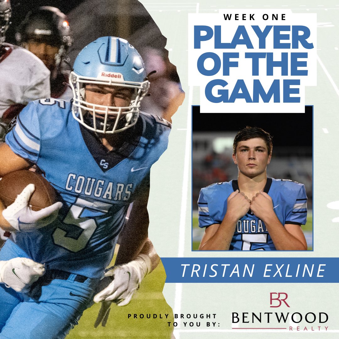 Congrats to <a href="/TristanExline/">Tristan Exline</a>, this week’s <a href="/BentwoodRealty/">Bentwood Realty</a> Player of the Game. With 4 receptions, 2 touchdowns, 9 tackles, 2 tackles for loss, and 1 sack, Exline helped push the Cougs to a 38-20 victory. Keep your eyes on #5 this season—he’s just getting warmed up!! <a href="/CS_Fball/">CS Football</a>
