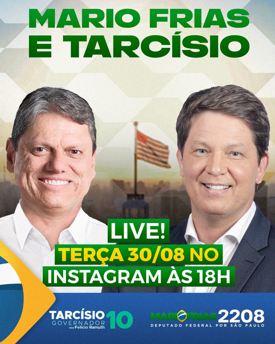 mfriasoficial's tweet photo. Amanhã, eu e o nosso futuro governador de SP, @tarcisiogdf faremos uma live no instagram e falaremos sobre projetos para o estado de SP. Contamos com a participação de todos vocês! https://t.co/A2QIjXVSJo