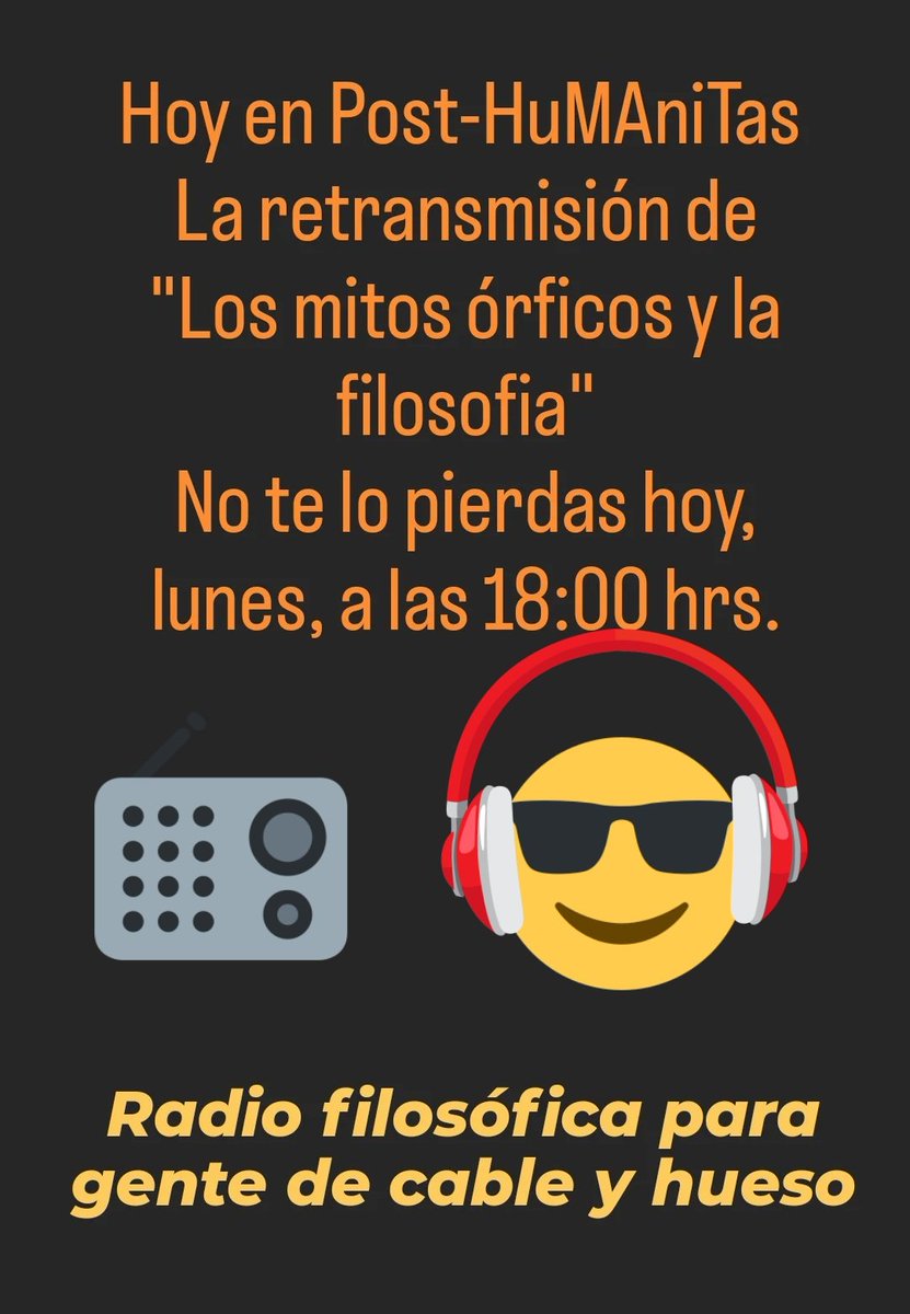 kenderi's tweet photo. Estamos escuchando la retransmisión del programa "los mitos órficos y la filosofía" en #PostHuMAniTas radio filosófica para gente de cable y hueso.
Todos los lunes a las 18:00 hrs de la CDMX Conduce Eras Kender
https://t.co/rGpZFfygyT y https://t.co/9DeWISwK2R
Filosofía en radio https://t.co/IaPLxYSiq2