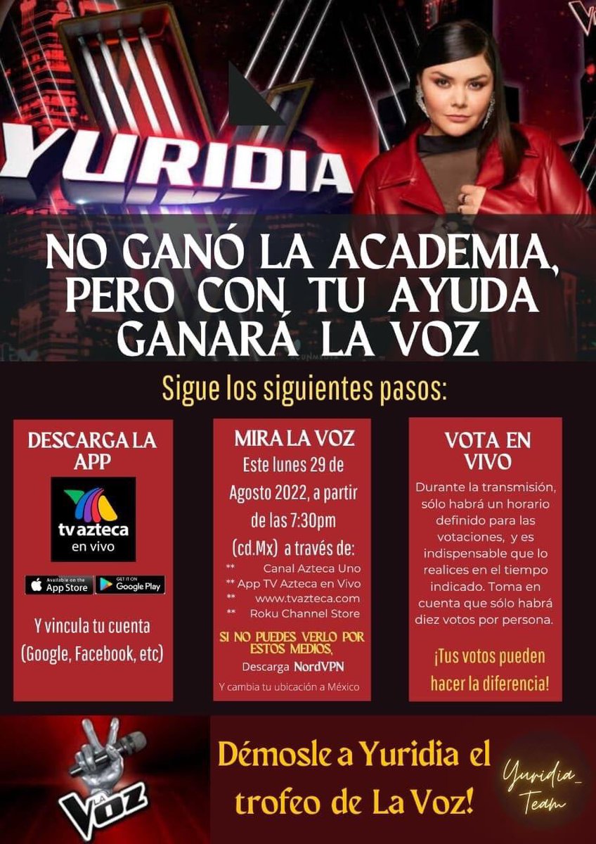 ChiapasYuridia's tweet photo. Hoy no se pierdan la gran final de La Voz en punto de las 07:30pm por Azteca UNO. Recuerden apoyar a la reina @yuritaflowers votando por su finalista en la app #tvaztecaenvivo demostremos #PoderYurifan y démosle el triunfo 🏆. Y retwittea YURIDIA ES LA VOZ https://t.co/rz4wLvtWSy