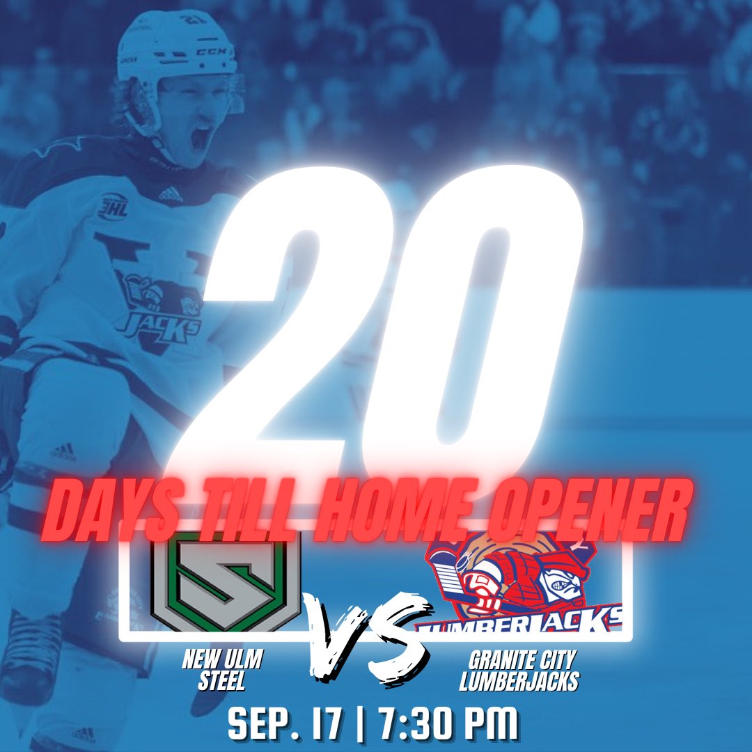 Less than one month!

Our home opener vs. New Ulm is 20 days away! Mark your calendars for September 17th at 7:30pm. 

The Lumberjacks will host the Steel at the Armadillo Deck Arena in Sauk Rapids, MN. We can’t wait to see you all back in a few weeks!