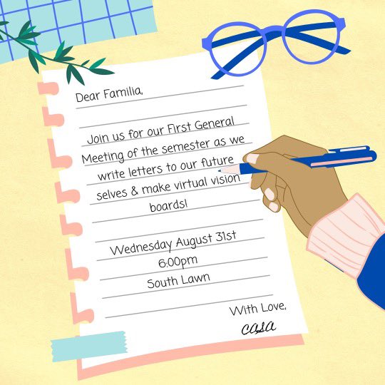 casautexas's tweet photo. Hola familia! We’re glad to announce that our first GM of the year is this Wednesday August 31st!! 🤗We will be writing letters to our future selves 📝 and creating virtual vision boards.💻 (Bring laptop if interested)
We can’t wait to see y’all then. 🧡

#ut23 #ut24 #ut25 #ut26 https://t.co/OWdsHsWWcg