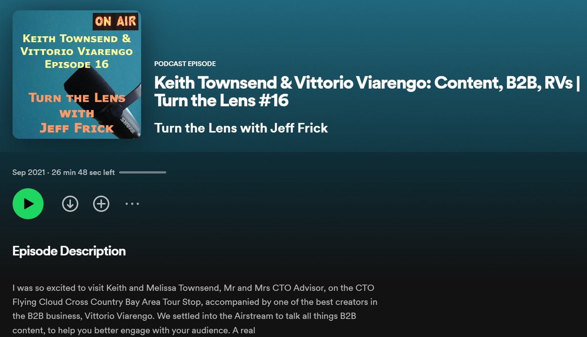JeffFrick's tweet image. Keith Townsend &amp;amp; Vittorio Viarengo: Content, B2B, RVs
Turn the Lens #16
Listen on Spotify 

open.spotify.com/episode/3ZPM30… @CTOAdvisor @thectoadvisor #TurnTheLens @CareAndKickButt #CrossCloudServices #XCloud @VMware #RunTheBay #VMwareExplore #CTOARoadTrip @MrsCto