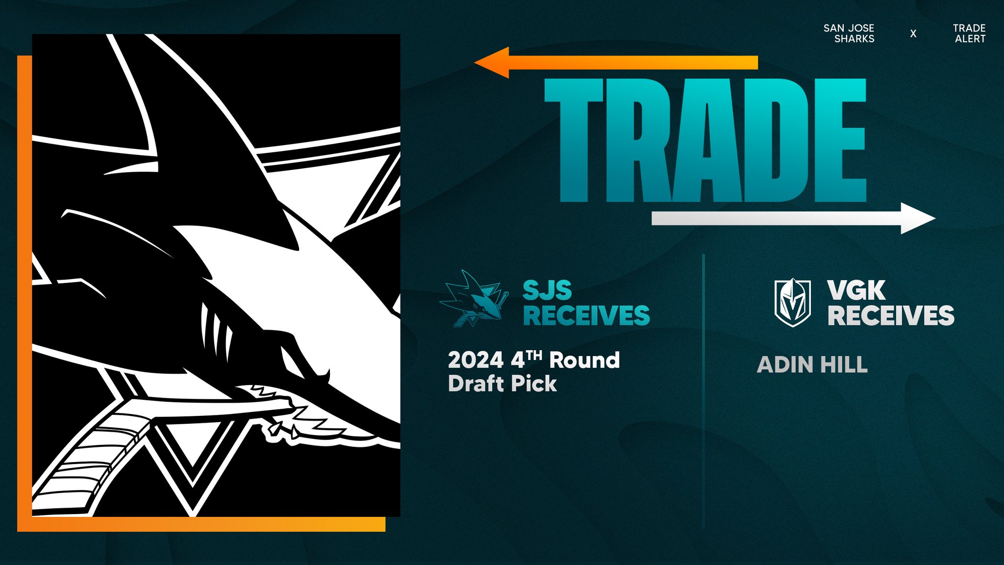 San Jose Sharks on X: TRADE: We've acquired a 2024 fourth-round selection  from the @GoldenKnights in exchange for goaltender Adin Hill. Details:    / X