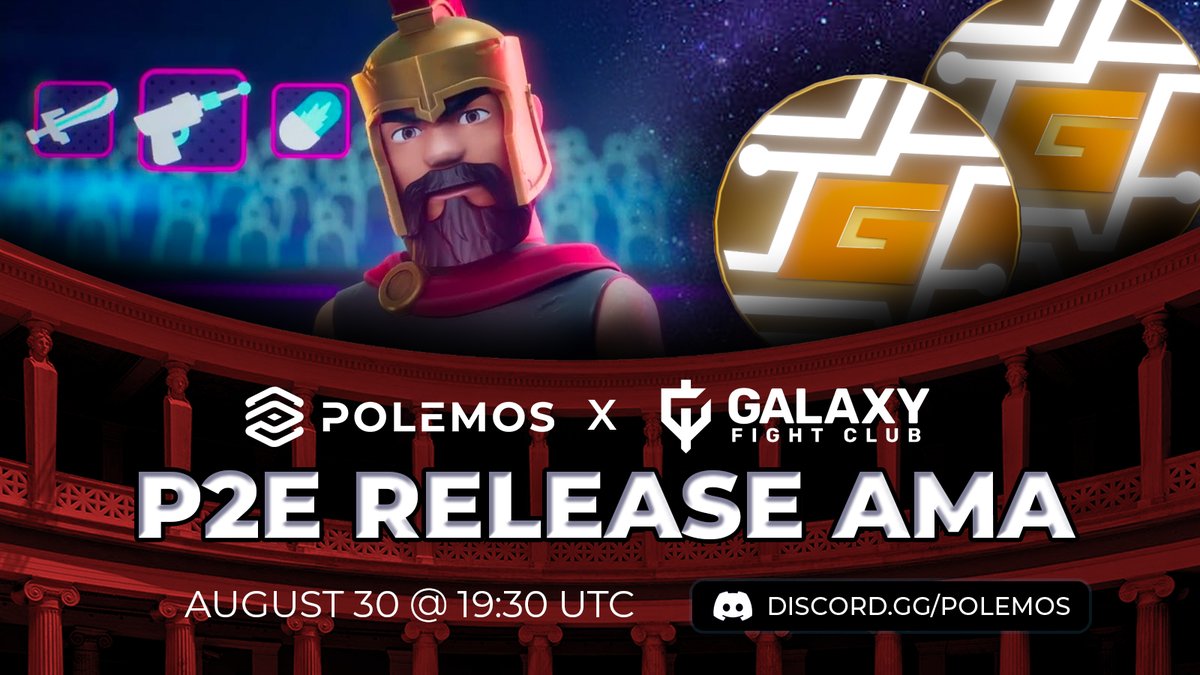 We are thrilled to host a <a href="/GalaxyFight_NFT/">Galaxy Fight Club</a> week showcasing the launch of their #P2E! 

To kickstart the week, join us for a #PolemosAMA with #GFC. We will learn about development, gameplay &amp; so much more!

Tune in to Discord, August 30 @ 19:30 UTC 👉Discord.gg/Polemos