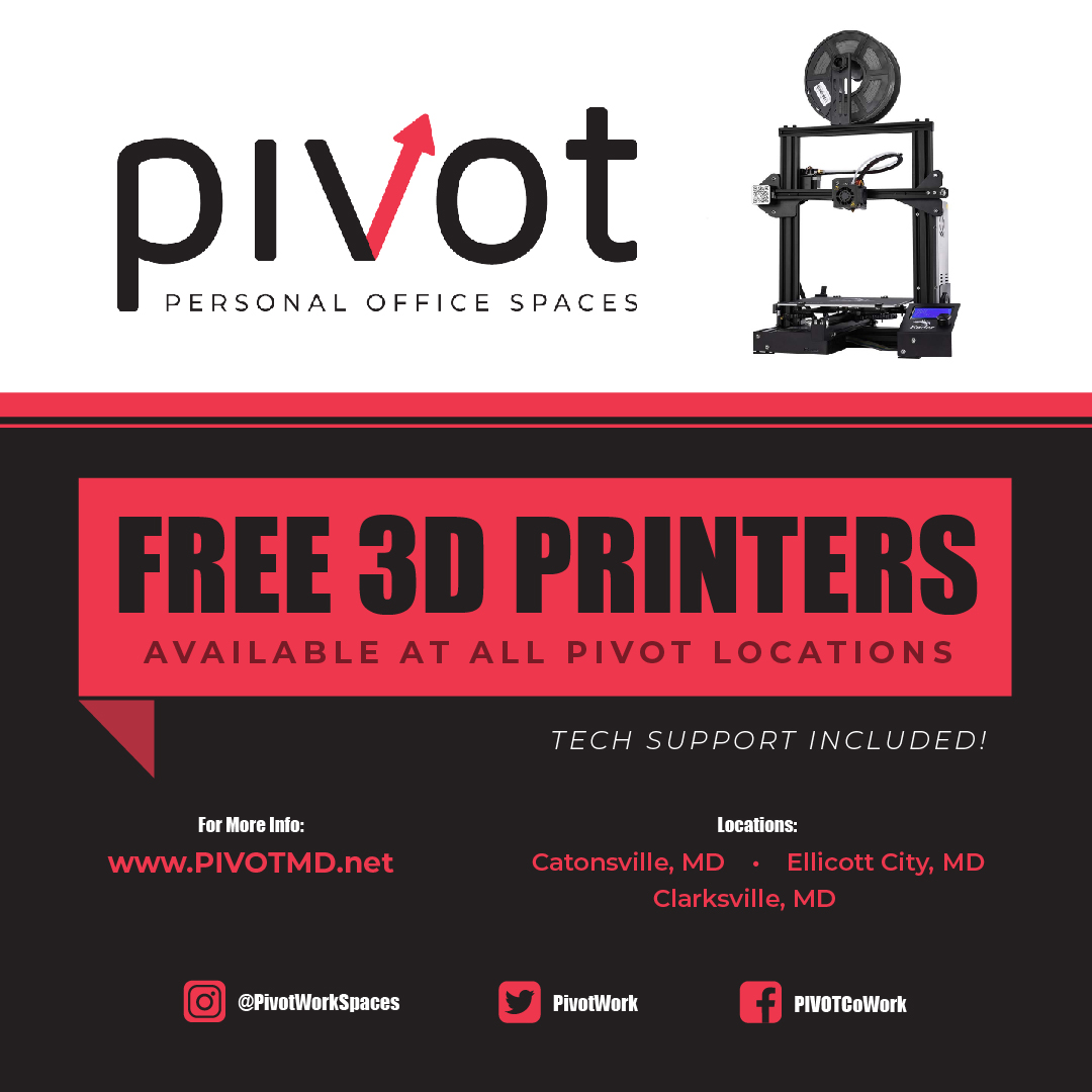 PivotWork's tweet photo. Ever tried 3D Printing?
At PIVOT, all members have access to 3D Printing, including base assets and tech support to get you started. What's a better way to show that this is your space than with something you made!
#pivotworkspaces #coworking #3dprinting https://t.co/GzAWznYOqP