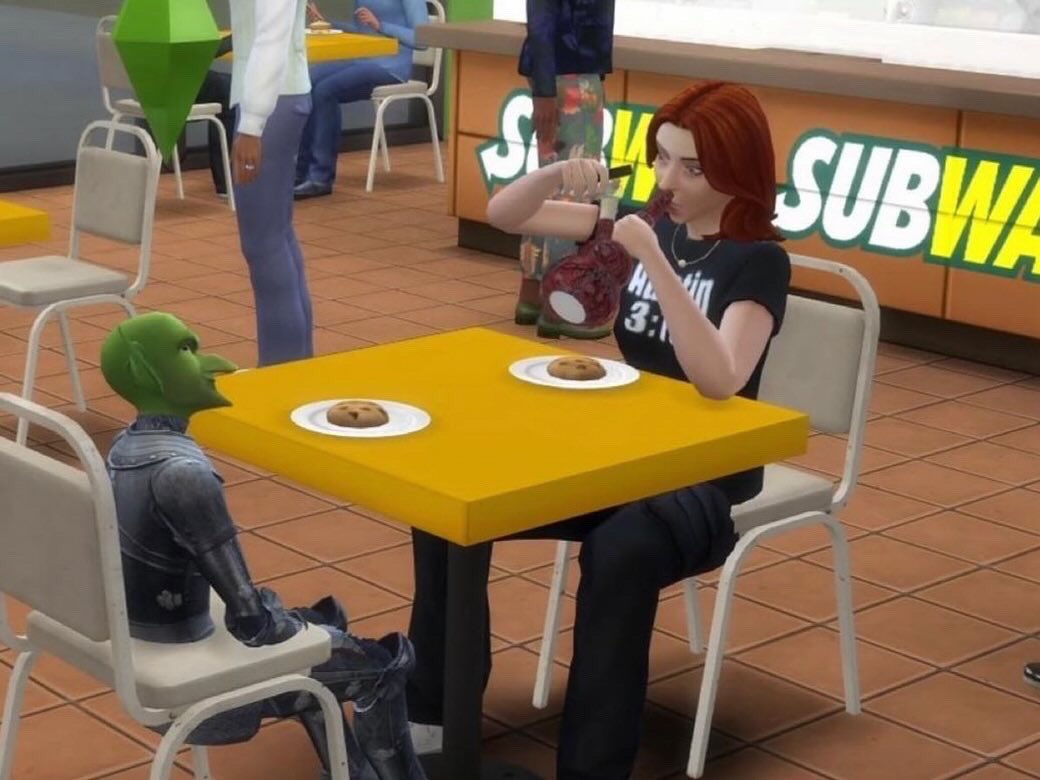 my sim ripping bong in subway eating cookies w a goblin