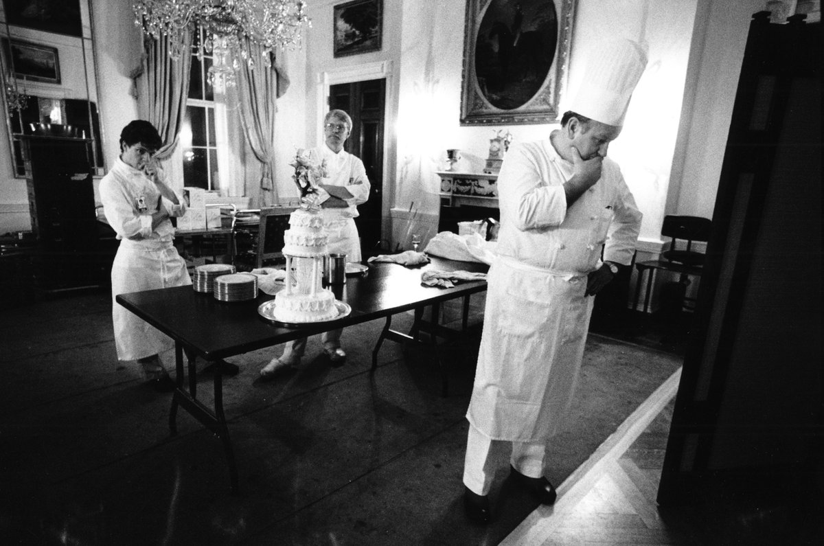 barb_kinney's tweet photo. Sad to hear former White House pastry chef Roland Mesnier passed. At the WH for 27 years, he never made the same dessert. Here, he was stressed the ice cream cake he made for the Clinton’s anniversary was going to melt, as the guests kept chatting. @BillClinton  @HillaryClinton https://t.co/UdZ929ijuK