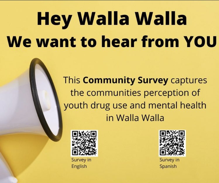 Every year, we ask the community (adults 18+)  to participate in a survey from CPWI to capture the community perception of youth drug use and mental health in #WallaWalla

Survey English
bit.ly/3qcOXGt

Survey Spanish
bit.ly/3pVlOzm