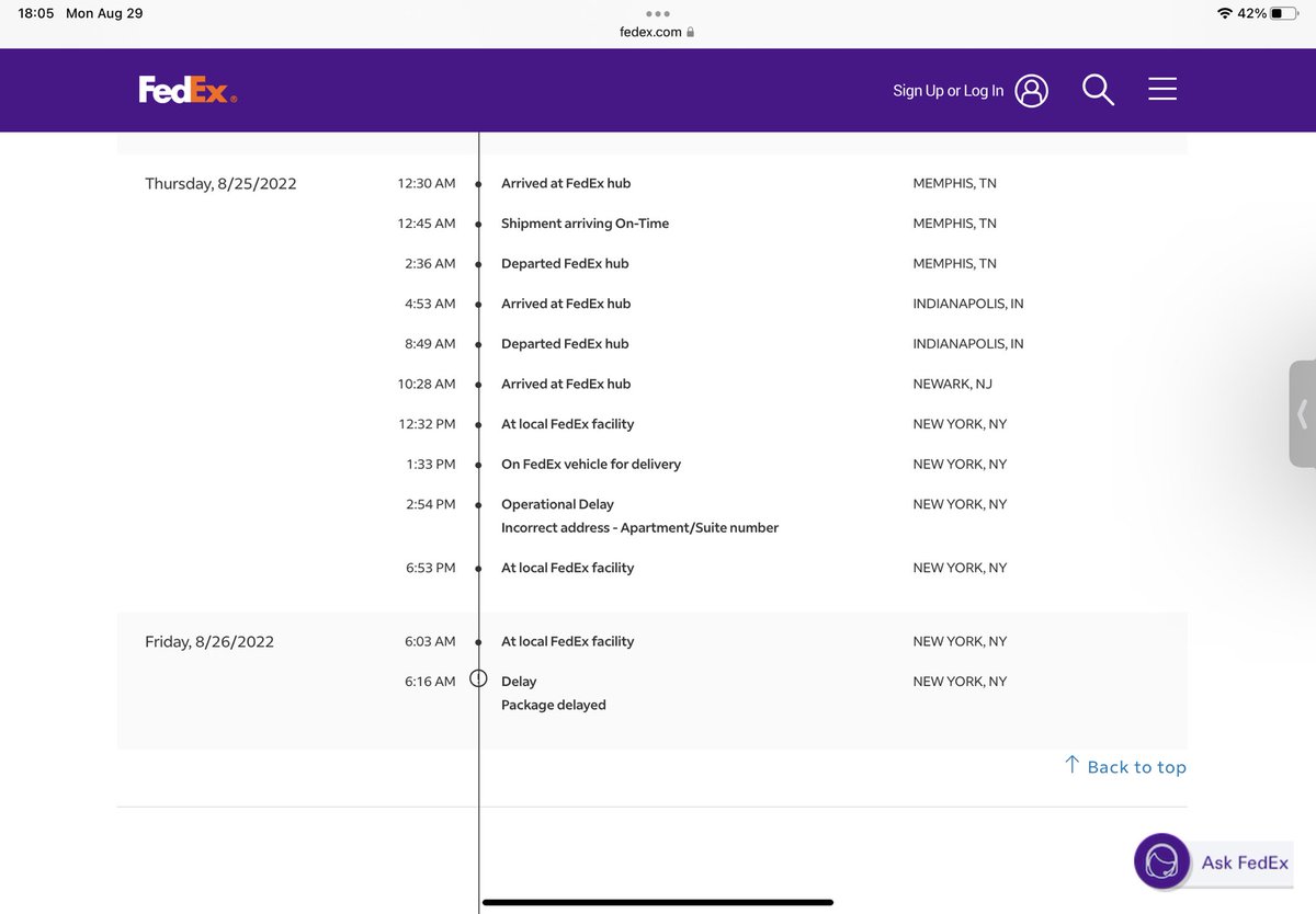⁦<a href="/FedExHelp/">FedEx Help</a>⁩ it’s now 8:05pm EDT 8/29 and the delivery status estimate on this package is still EOD today. Why has it been sitting in NYC for 96 hours?