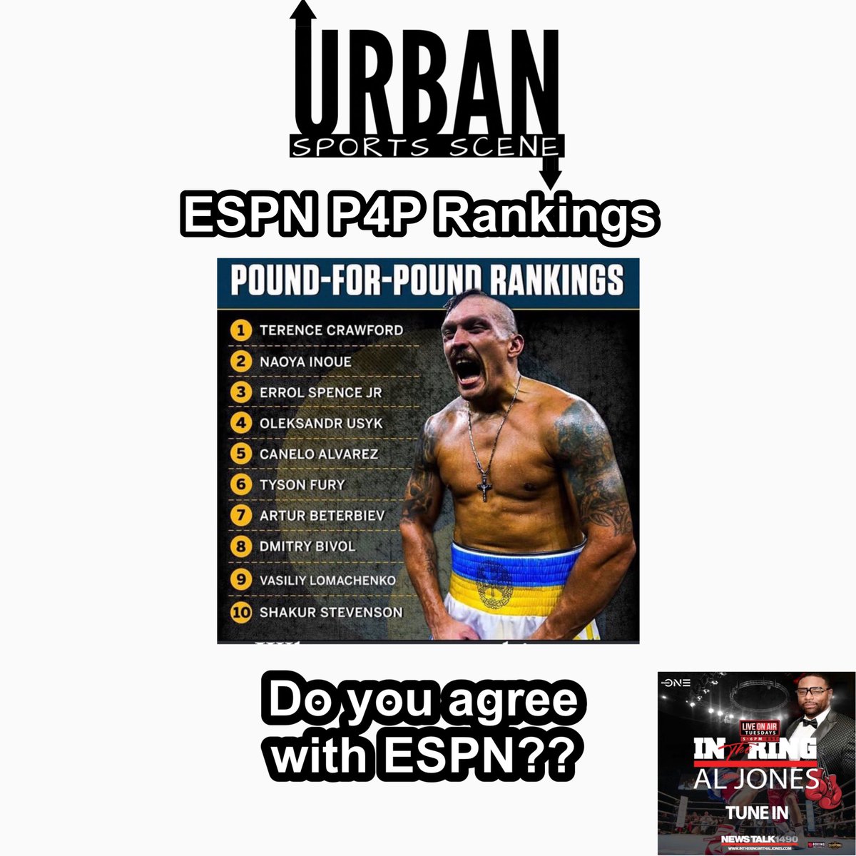 UrbanSportScene's tweet photo. Do you agree with @espn’s #p4p list? @ntheringaljones will be on the show tomorrow at 8:45 pm ET to debate this. Tune in here tomorrow at 8:45 https://t.co/DuZav9xqzr #boxing #boxinghead @Realdevinhaney https://t.co/ryT67WFK5K