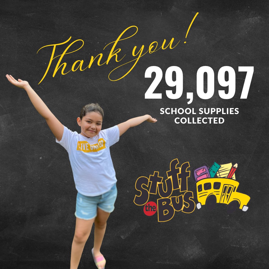 Shout out to the community for surpassing last year’s Stuff the Bus numbers! 

Because of your generous donation, our school social workers had the supplies to provide the children with the tools needed to learn ❤️ 

Welcome back to school!