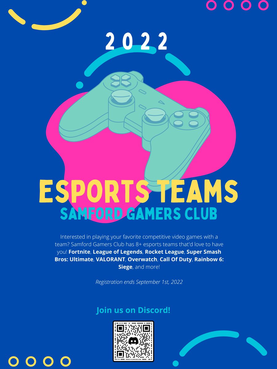 SamfordGamers's tweet photo. IT'S ESPORTS SZN!🎉If you're a Samford Student and are interested in being apart of a competitive gaming team, now is the time to sign up! We have teams for 8+ games and would love to have you.

Want to join a team or have questions? Join us on Discord at https://t.co/mSEnPZHYbB https://t.co/d2dpN67yOC