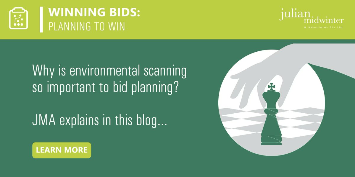 jma_bdtips's tweet image. "A thorough environmental scan is critical before you write a word of your tender, bid or proposal.

But what is 'environmental scanning' and how do you apply it to your bid plans? Read more at JMA's blog: buff.ly/2UoPlzw"

#environmentalscanning #tendersbidsproposals