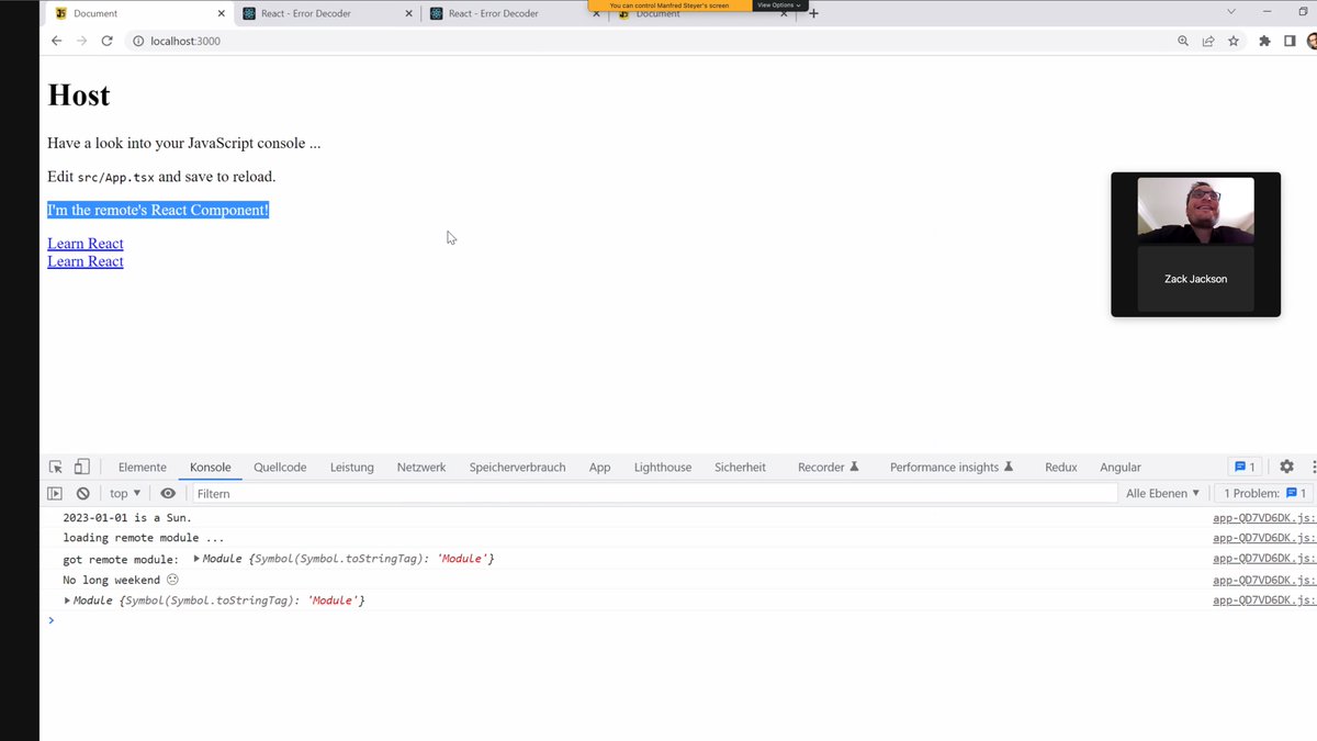 ScriptedAlchemy's tweet image. OMFG IT WORKS!
Native Federation, React, ESM, #esbuild
#ModuleFederation without Webpack!
World's first Federated React app with ESbuild.
Thanks for pairing with me @ManfredSteyer; looking forwards to a great collaboration