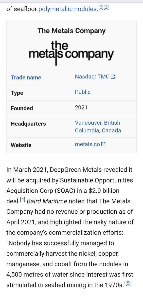Loveon999's tweet photo. @amys_here @clearing_fog @HiblerDana @TeresaCCarter2 @kelly2277 The Metals Company (DeepGreen Metals) founded 2011 by David and Robert #Heydon.
2021, #DeepGreen Metals revealed it will be acquired by Sustainable Opportunities Acquisition Corp (SOAC) in a $2.9b deal.
They had no revenue or production as of April 2021.
https://t.co/w9C3zvn0nc https://t.co/QzwP0oKJLK