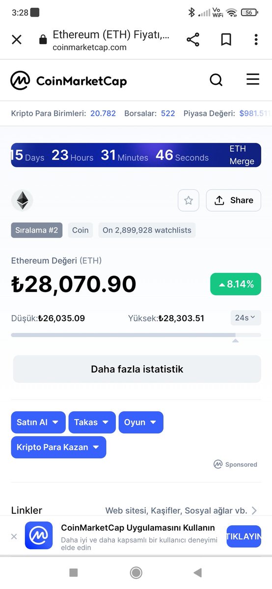 #ETH merge 15 gün sonra geliyor.
Coinmarketcap geri sayım saati koydu.
Hayırlı olsun
#btc #sol #binance #mexc #kucoin #huobi