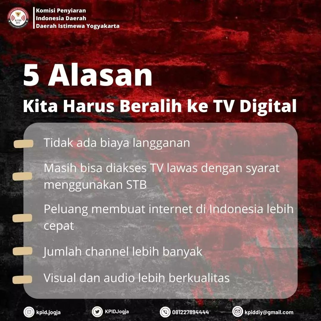 kpidjogja's tweet photo. Halo Sobat Penyiaran! 🙌🏻

Sudah tau belum sih? Batas &amp; Mengapa diharuskan beralih ke TV Digital ? Nah, yuk simak postingan berikut ini! Semoga bermanfaat ya sobat!🙌🏻

KPID DIY Official Account :
Instagram : @kpid.jogja
Twitter : @KPIDJogja
Email : kpiddiy@gmail.com https://t.co/KhrZbiOcxi