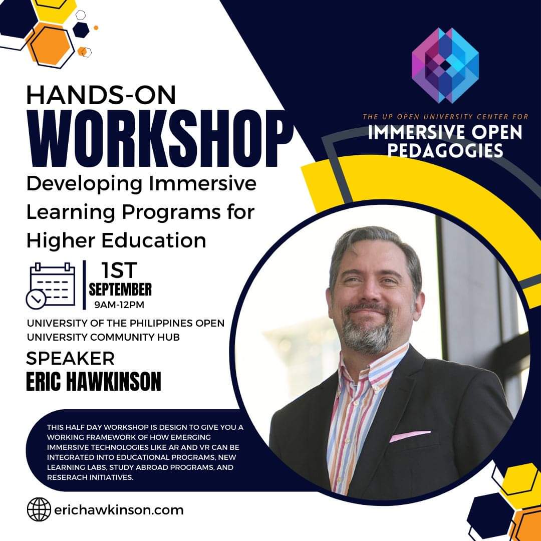 Developing Immersive Learning Programs for Higher Education

This half day workshop is design to give you a working framework of how emerging immersive technologies like AR and VR can be integrated into educational programs.
<a href="/Eric_Hawkinson/">Eric Hawkinson</a> 
#realitylabo #upou <a href="/UPLBOfficial/">UP Los Baños</a>