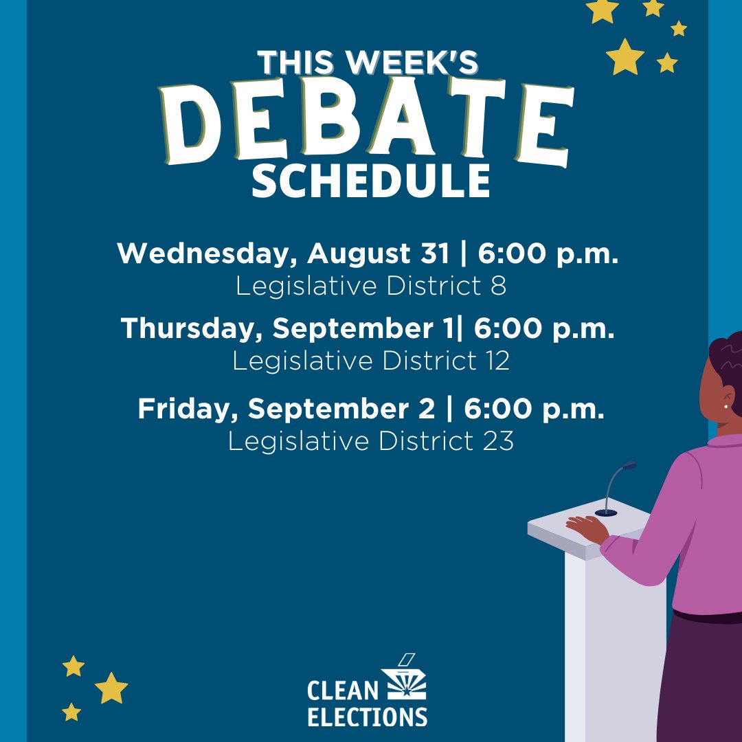 AZCCEC's tweet photo. Tune in live for this week’s candidate debates. All #AZdebates will be broadcast on the Clean Elections YouTube channel. Learn more at our website: https://t.co/r1wPErR3AZ 🌵🗳 #azelections #primaryelection #arizona https://t.co/FpvmQbHRLQ