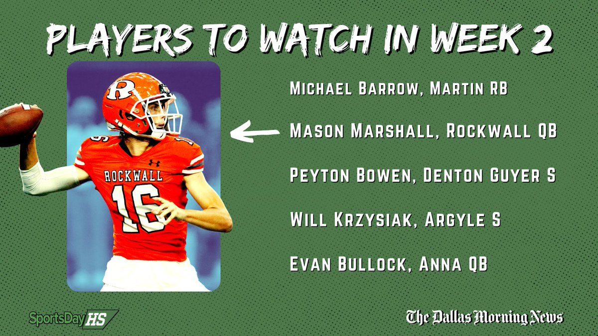 ‼️ #TXHSFB Week 2 Players to Watch ‼️ 🏈Mason Marshall, Rockwall QB 🧗‍♂️ 🏈Peyton Bowen, Denton Guyer S 🔒 🏈Michael Barrow, Martin RB 👟 Read more about them and other standout players here 👉 buff.ly/3PUgkPN