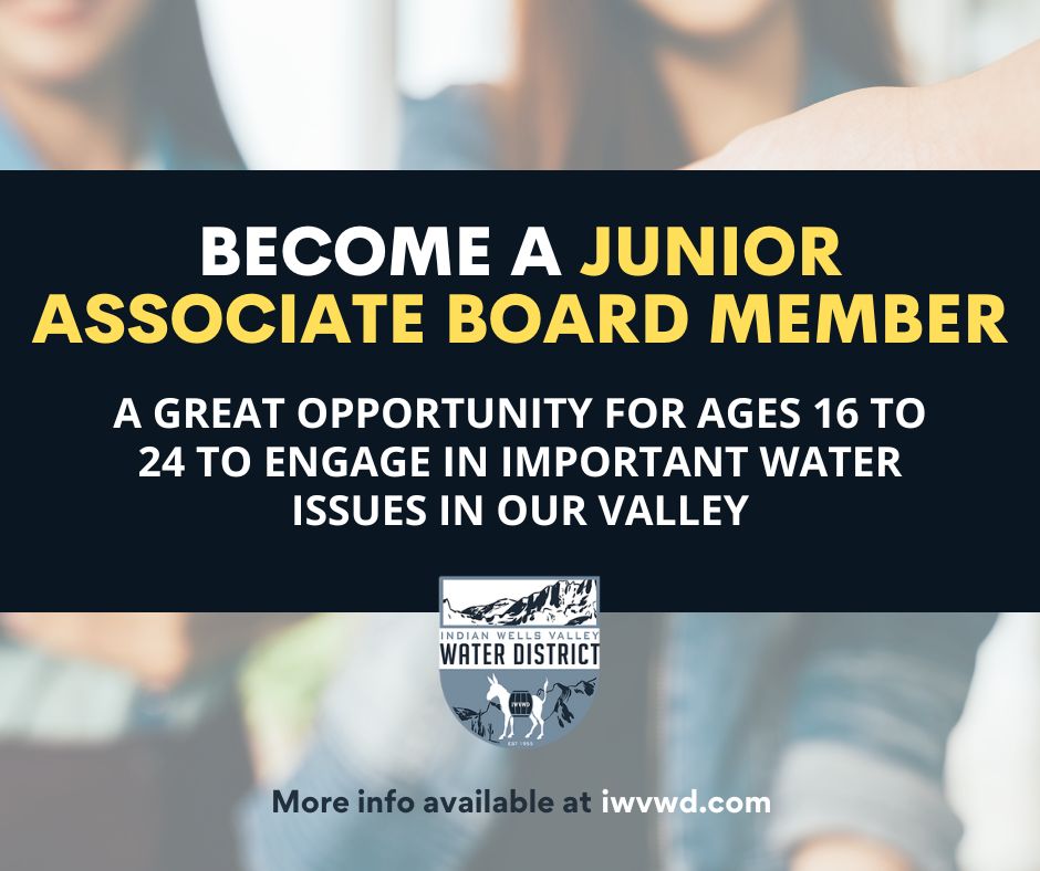 IWVWaterDist's tweet photo. The #IWVWD Board of Directors seeks Junior Associate Board Member candidates! This Pilot Program is designed to encourage community engagement from our younger residents (ages 16-24) &amp; increase awareness of the District’s activities. For more info: https://t.co/T01CEC6IWU https://t.co/54ZI2VyWBG