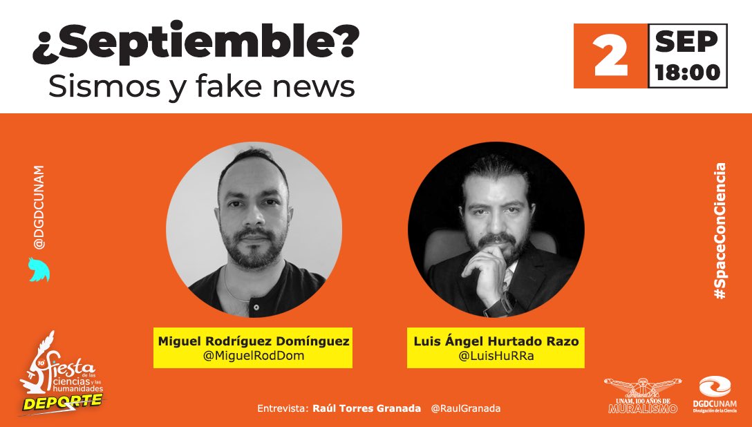 DGDCUNAM's tweet photo. No, ningún #sismo se puede predecir.🙅
Llega septiembre, y con él, predicciones sin fundamento científico.

#SpaceConCiencia🎙 aborda las fake news y los sismos con  @MiguelRodDom y @LuisHuRRa en una plática con @RaulGranada.

¿Nos ayudas a combatir la desinformación?🫶 https://t.co/Mym0oUcvFp