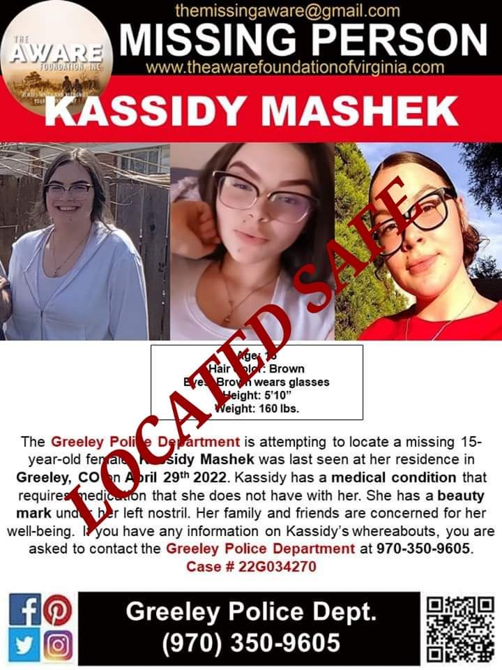 aware_the's tweet photo. UPDATE: KASSIDY MASHEK has been located and is SAFE! Thanks again for your help.  #TheAWAREFoundation https://t.co/91D1Ysmuas