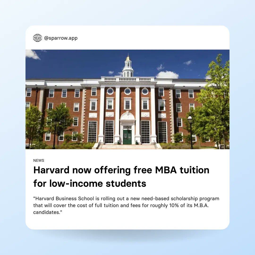 sparrow_app_'s tweet photo. The funding will cover roughly $76,000 per year in tuition and fees.

While students will still be responsible for roughly $35,000 per year in living costs (due to the high cost of living in the Boston area), this program will make a #Harvard MBA more accessible for many students https://t.co/2ykXyRPLGx