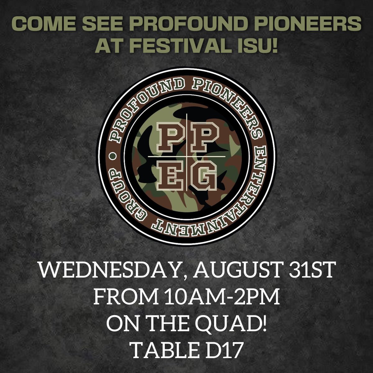 Want to become more involved on campus? Come out &amp; see Profound Pioneers Entertainment Group at Festival ISU this Wednesday from 10PM-2PM to learn more about our organization💚! 

#FestivalISU #ISU26 #ISU25 #ISU24 #ISU23 #ProfoundPioneers #PPEG