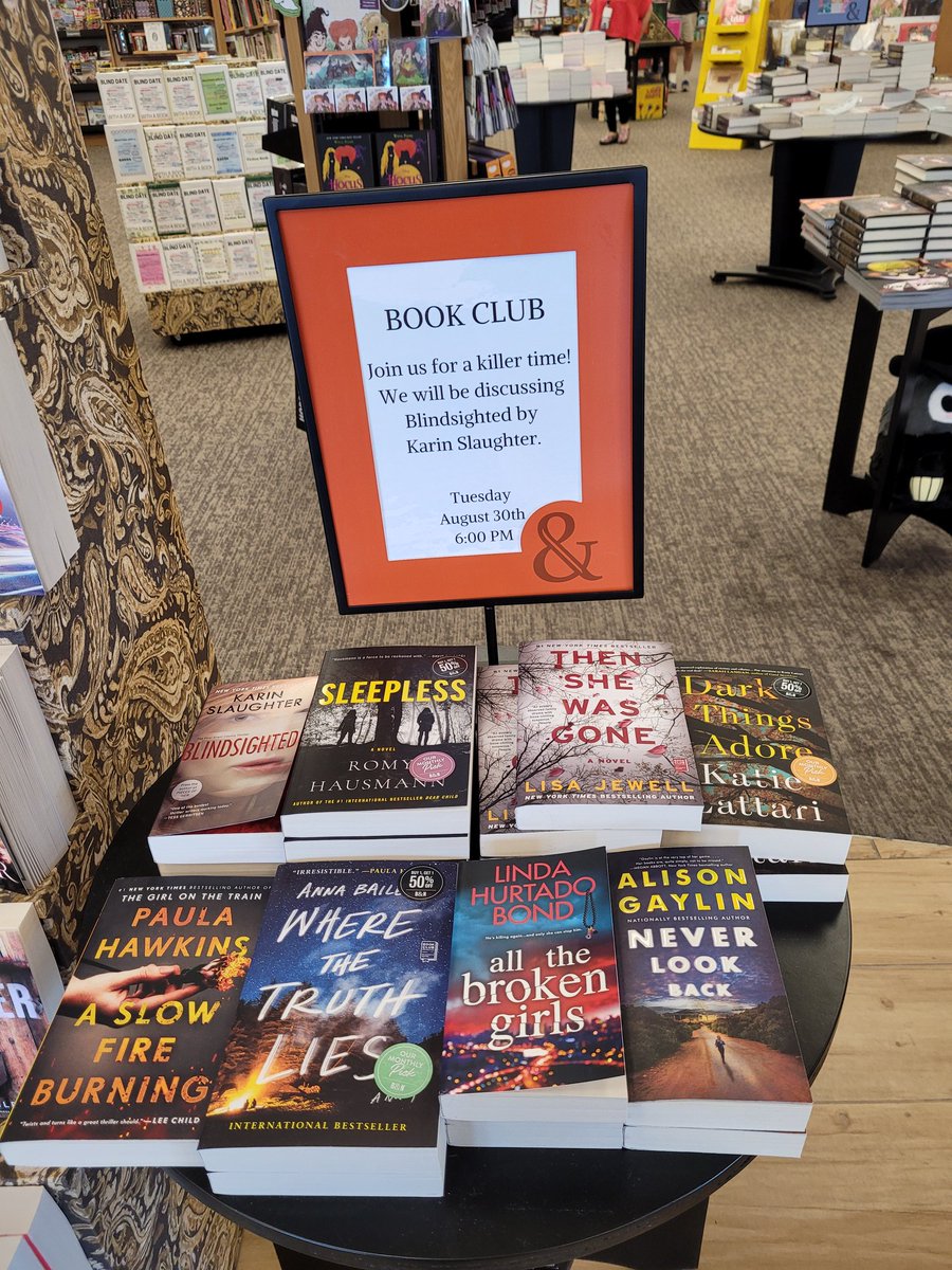 Don't forget book club tomorrow night! We'll talk about Karen Slaughter's Blindsighted and discuss our next book! So glad we are back. #bnarrowhead #bookclub #karenslaughter #willtrent #booksellerrecs
