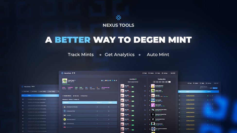 I have teamed up with <a href="/NexusToolsNFT/">Nexus Tools</a> to offer you 2X WL spots to their upcoming #NFT mint for their analytics and autominting tool

To enter 👇

✅ Follow <a href="/NexusToolsNFT/">Nexus Tools</a> &amp; <a href="/nftsupply/">NFTSupply</a> 
✅ Like + RT
✅ Tag 3 Friends 

Winners drawn in 48h 🎁