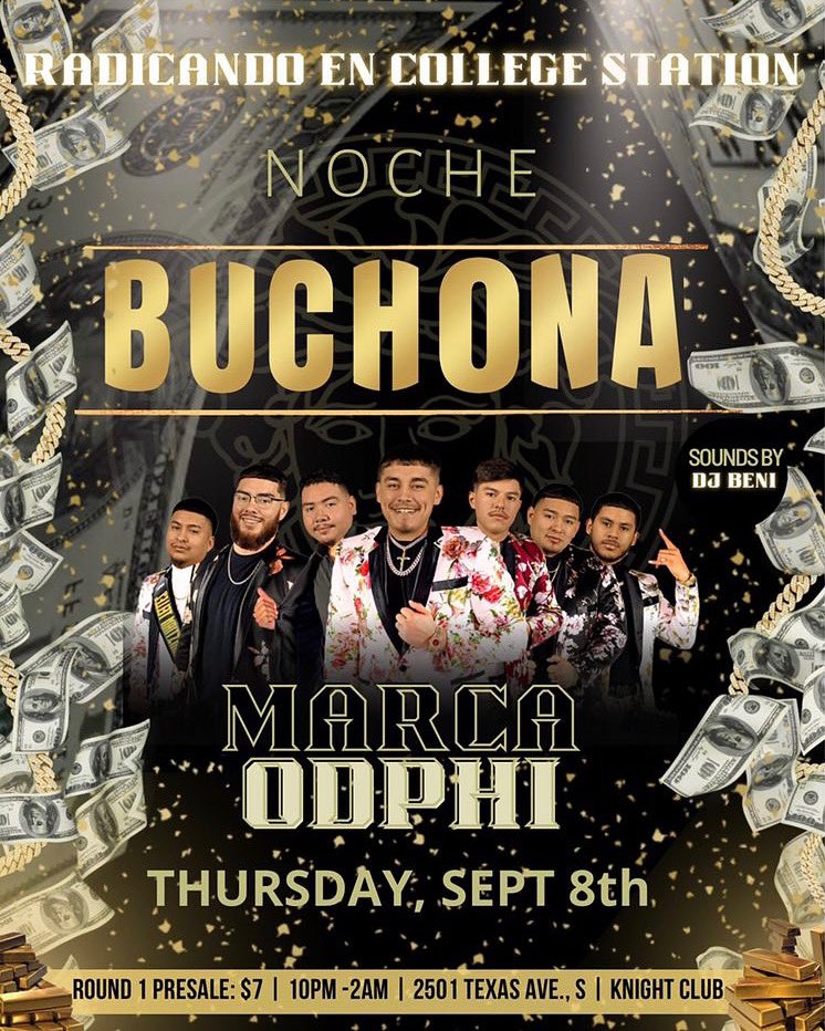 Knight club presents Noche Buchona w/ Marca ODPHI! 🔥 
Pre-Sale tickets start at $7. Prices will increase after that. Get your tickets early for Latin Night, and come turn up with the Brothers of Omega Delta Phi. 🤠😎 Message any brother to get your tickets.  #Latinknight #Buchon