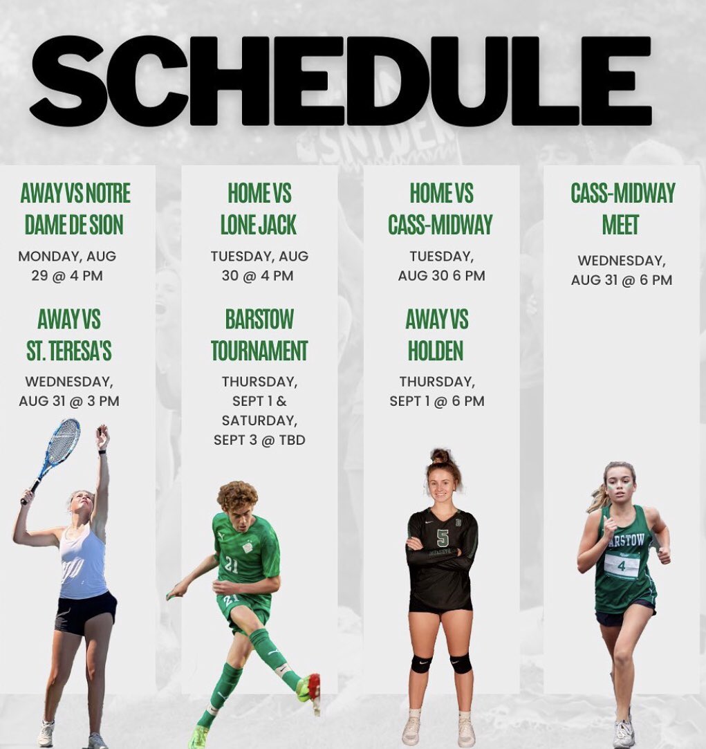 A packed lineup of all the fall sports action! ⚽️🎾🏐 👟💚🖤#GoKnights #barstowproud